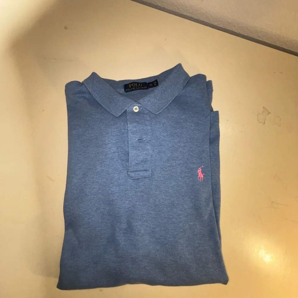 Ralph Lauren Men's Polo in Heather Blue with Pink Logo